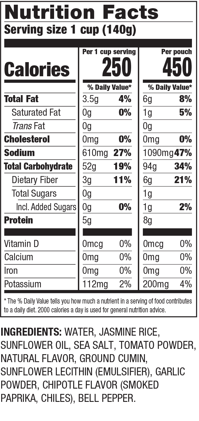 Nutrition Facts Arroz Jazmín Con Sabor a Chipotle | Ready to Heat