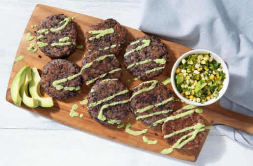 Black Bean and Brown Rice shaped and fried cakes with avocado sauce