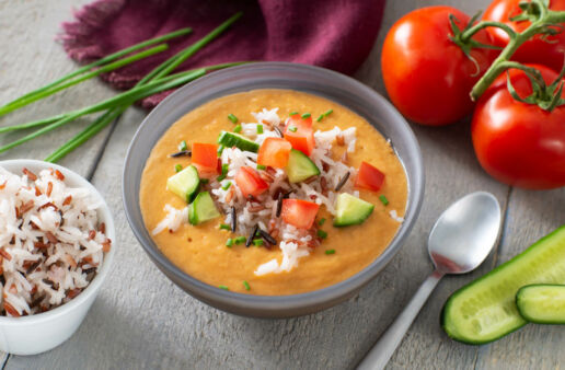 Gazpacho bowl topped with vegetables and rice
