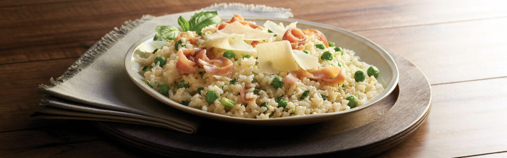 Prosciutto and Green Pea Risotto with Cheese