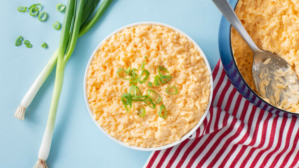 Bowl with Rice Mac and Cheese and scallions