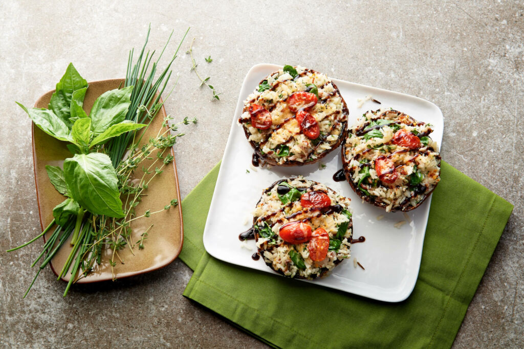 Three stuffed portobello mushrooms with jasmine red and wild rice