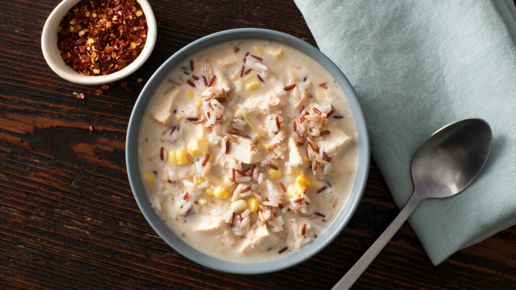 Soup Bowl with Chicken, Wild Rice and Chili Flakes