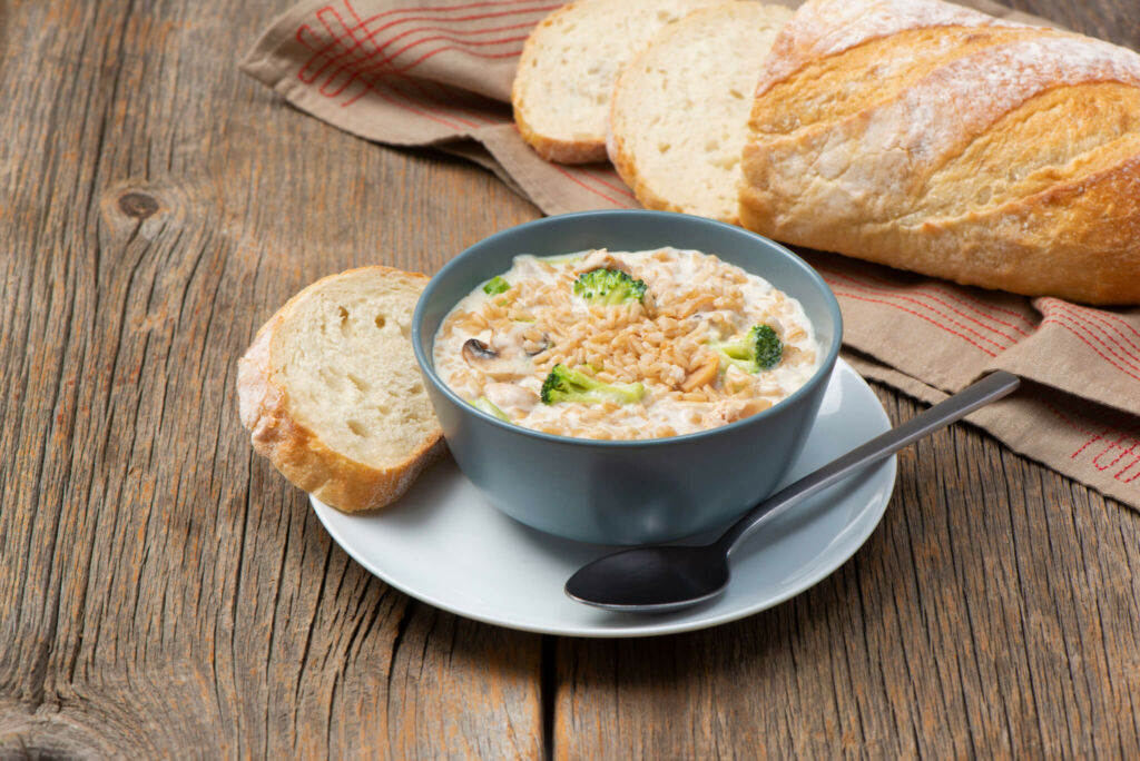 Soup bowl with rice, broccoli and mushrooms