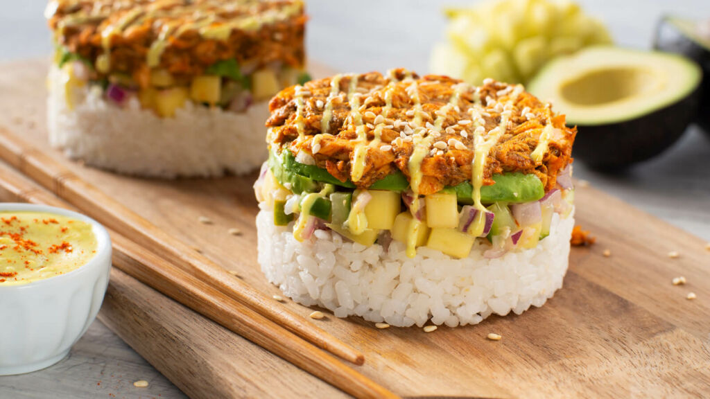 Sushi Stacks with curried salmon, avocado and red onion