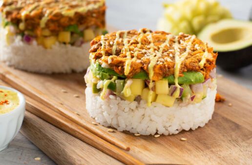 Sushi Stacks with curried salmon, avocado and red onion