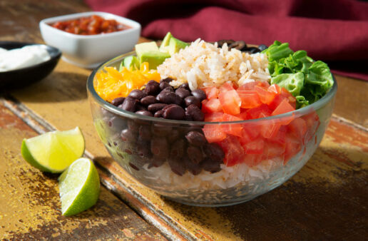 Bowl with rice, black beans, quinoa and vegetables
