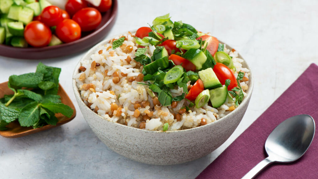 lentil-tabbouleh-with-tomato-cucumber-jasmine-rice-and-quinoa