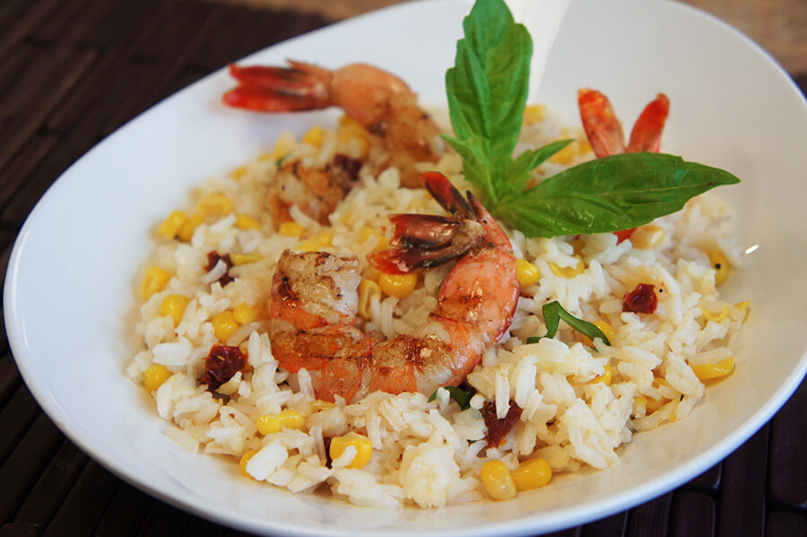 White bowl with shrimp and rice