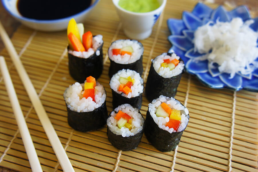 Nori wrapped vegetables into sushi rolls