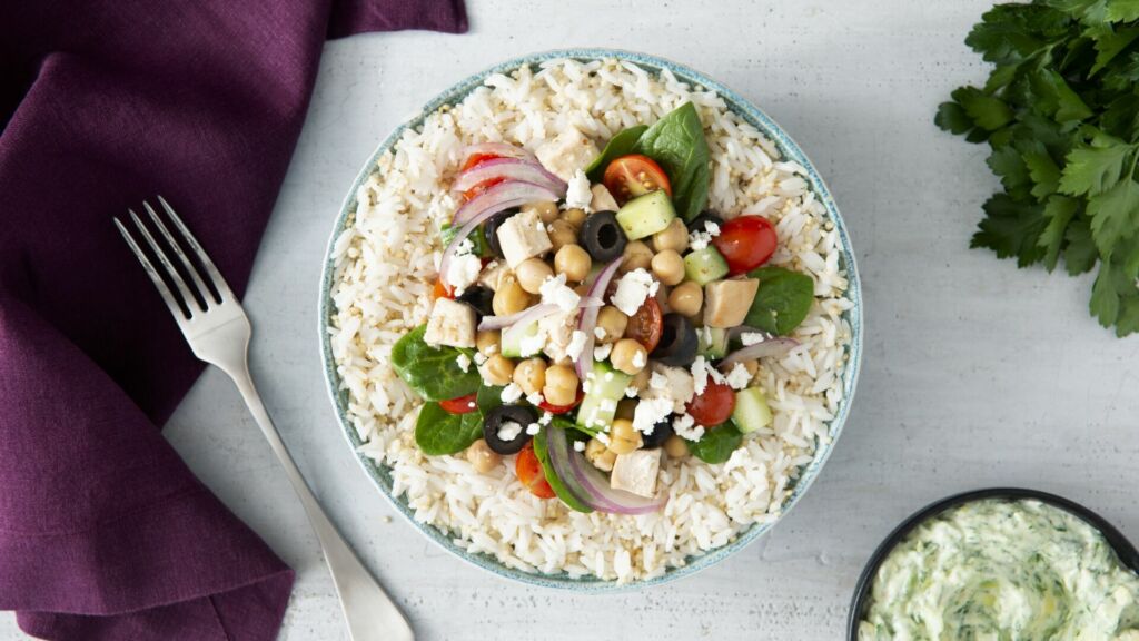 Greek Power Bowl with Jasmine Rice and Quinoa, Chickpeas, Black Olives and Red Onion