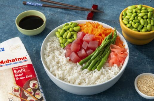Sticky Rice Tuna Poke Bowl with Edamame, Carrots and Asparagus