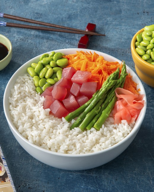 Orange Miso Sesame Tuna Poke Bowl with Sticky Rice