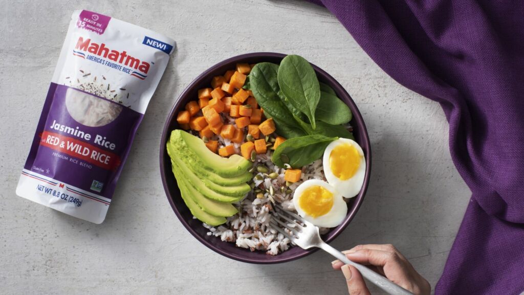 Turmeric Breakfast Jasmine Rice Bowl with Quinoa, Sweet Potatoes, Avocado and Hard-Boiled Eggs