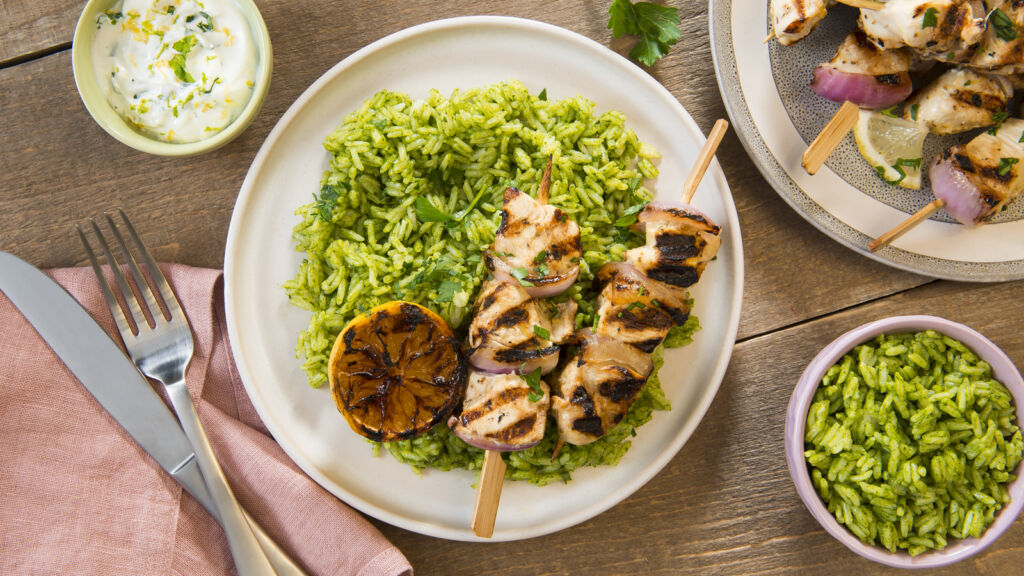 Garlic and Lemon Chicken kebab skewers with green jasmine rice