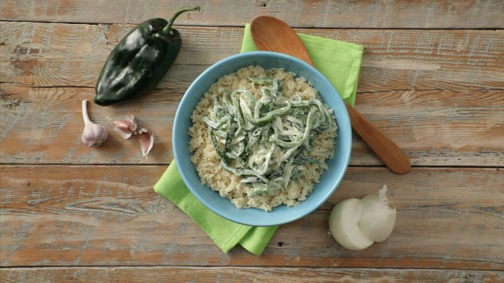 creamy-rice-with-poblano-strips-garlic-onion-mexican-cream-and-parboiled-rice