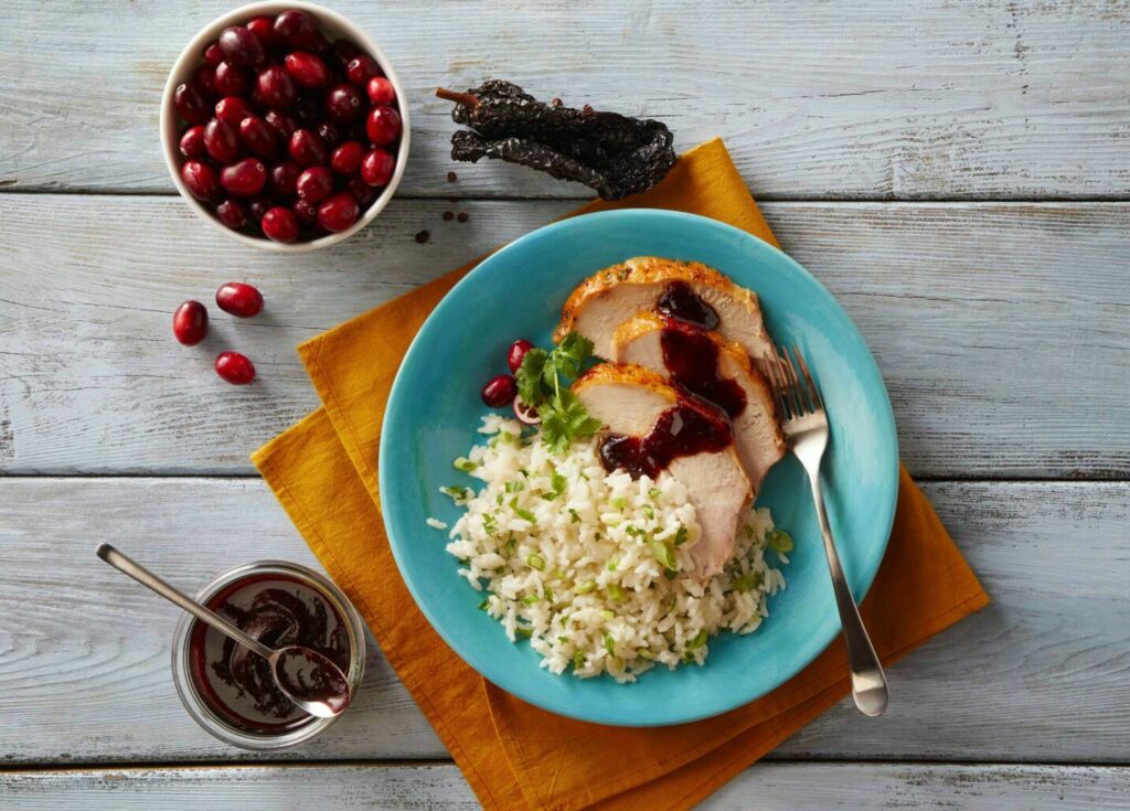 cranberry-sauce-with-ancho-peppers-served-over-jasmine-rice-and-turkey-leftovers