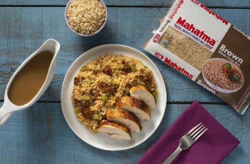 stuffing-casserole-with-brown-rice-chorizo-and-mushroom-served-with-roast-chicken