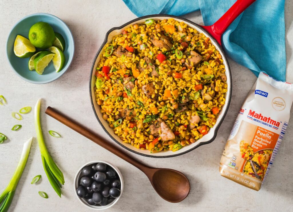 caribbean-jerk-chicken-paella-with-chicken-thighs-and-pigeon-peas