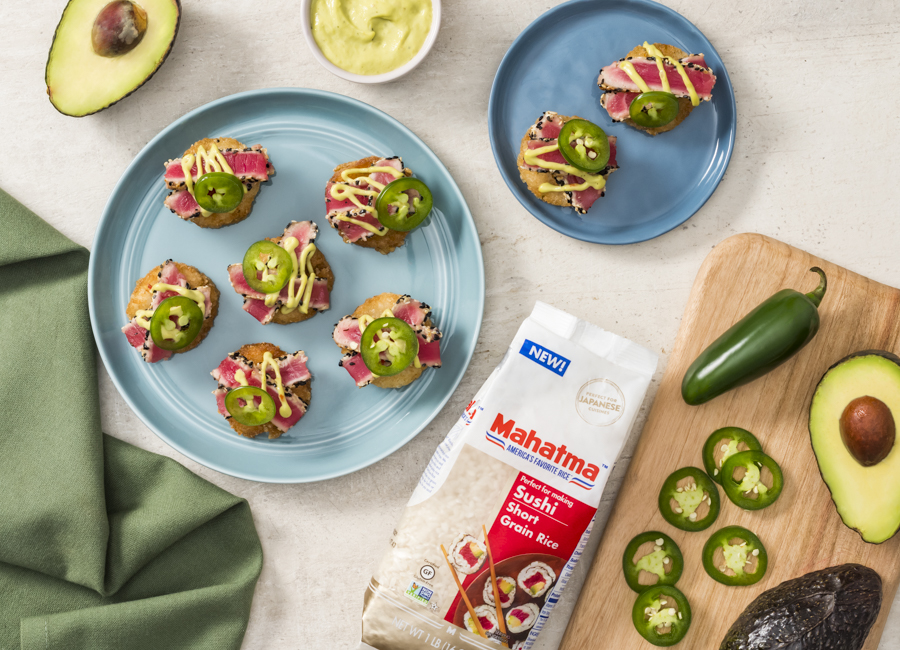 crispy-rice-canapes-topped-with-seared-tuna-jalapeños-and-avocado