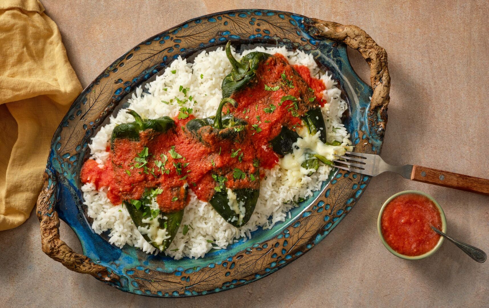 Chile Relleno with Rice and Salsa Roja