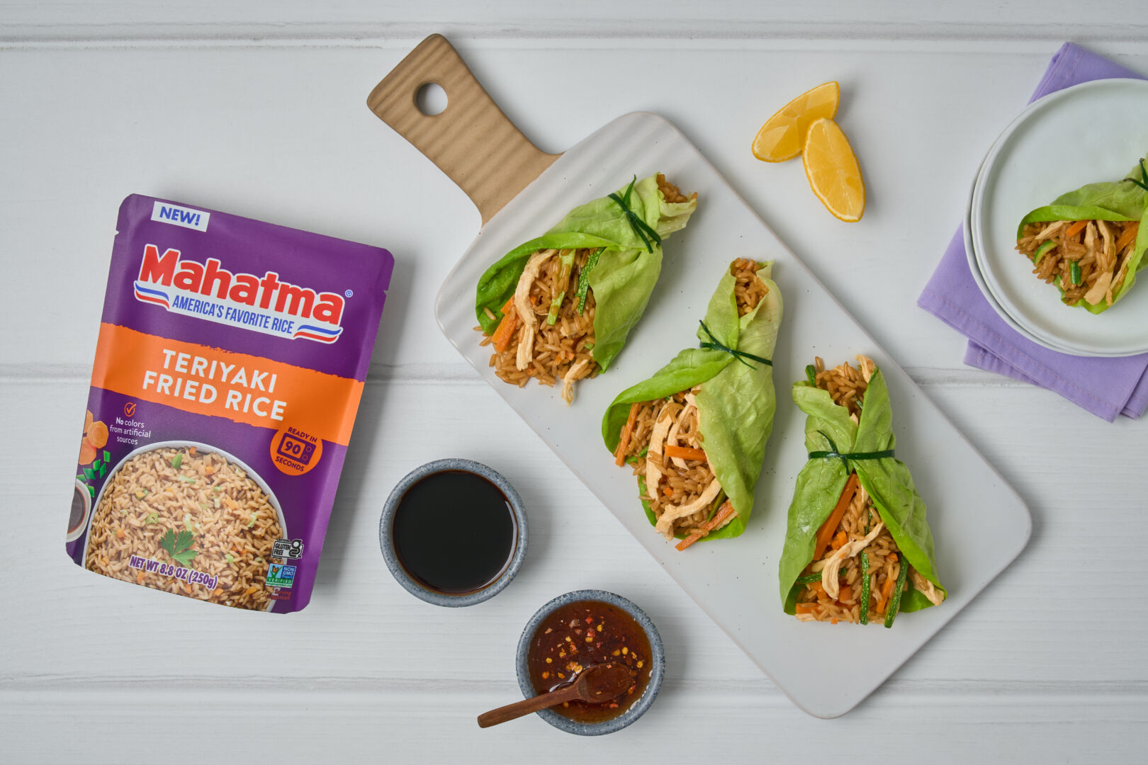 Lettuce Wraps with Shredded Chicken and Teriyaki Rice